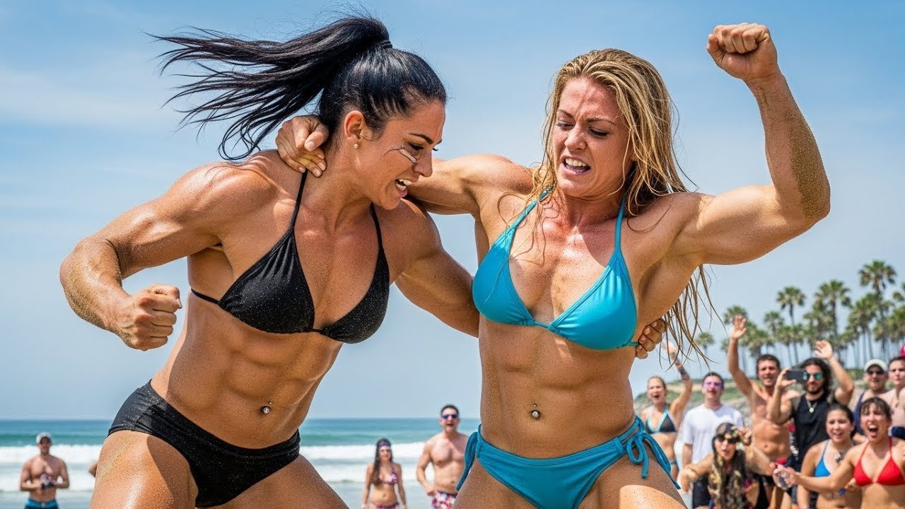 Female vs female wrestling on a beach (Sisters of the Sand).