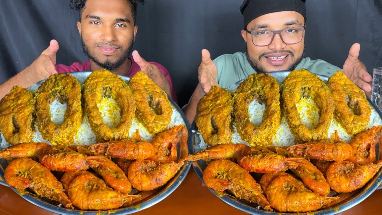 Spicy big fish curry and prawns masala curry with rice eating challenge , Indian food eating show
