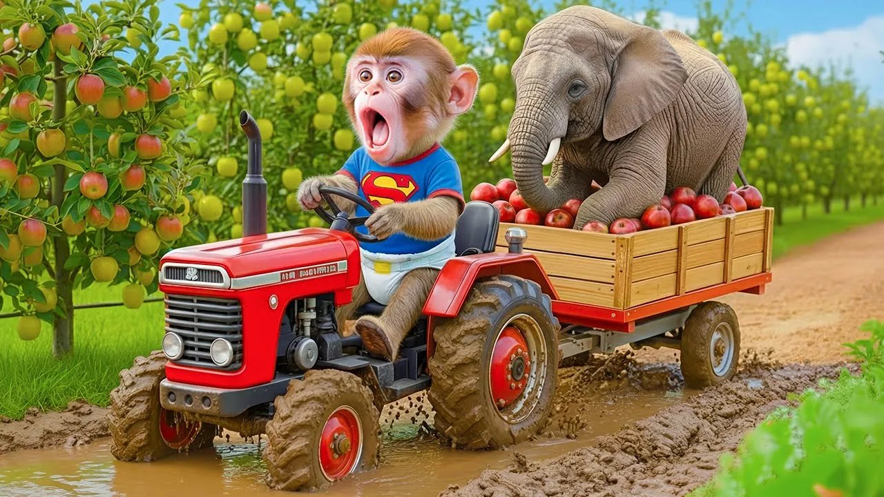 🐒🚜 Monkey iZi Drives Tractor to Rescue Elephant Trapped in Mud Pit – A Breathtaking Moment!