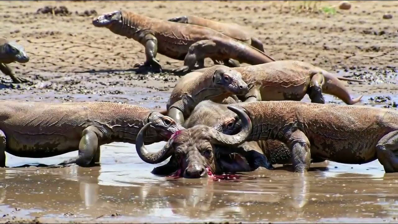 "Komodo Dragons Attack Wounded Buffalo in Brutal Waterhole Battle"