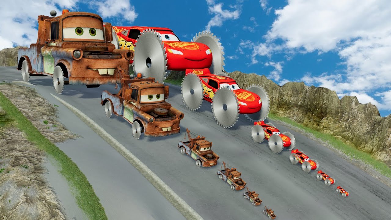 with Saw wheels vs Big & Small Mcqueen with Monster Saw wheels DOWN OF DEATH