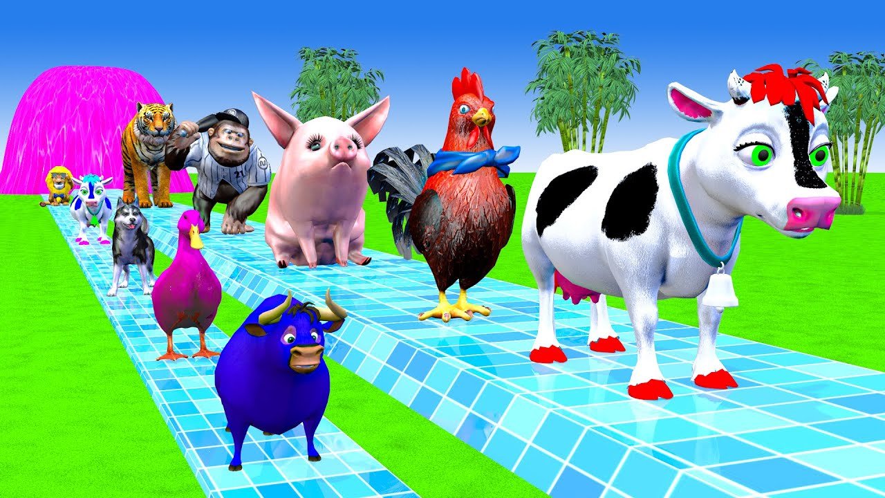 Long Slide Game With Cow Elephant Gorilla Hippopotamus Tiger 3d Animal Game Funny 3d Animals