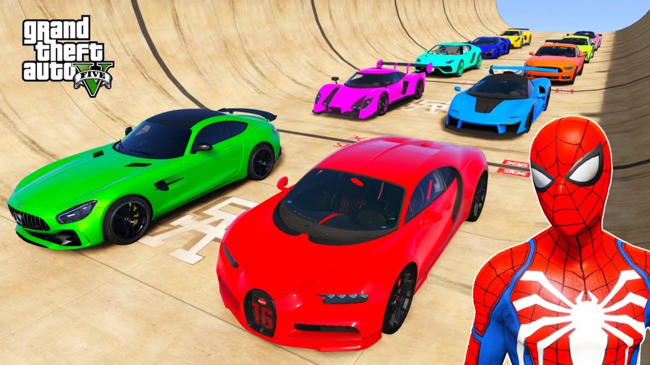 GTA V Superheroes Crazy Race Challenge with Super Cars | GTA 5 Spiderman Car Stunt Race #97
