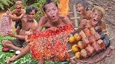 Primitive Technology - Cooking pork rib n pork belly in jungle