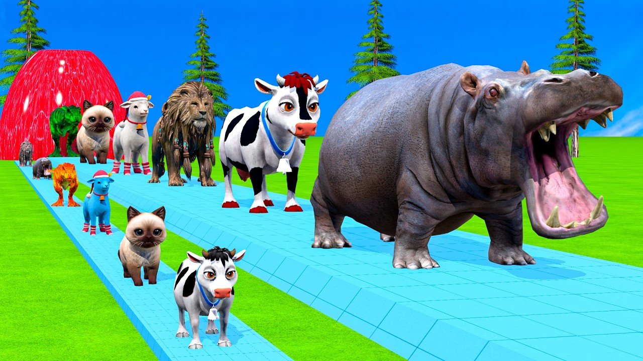 Long Slide Game With Elephant Gorilla Buffalo Hippopotamus Tiger - 3d Animal Game - Funny 3d Animals