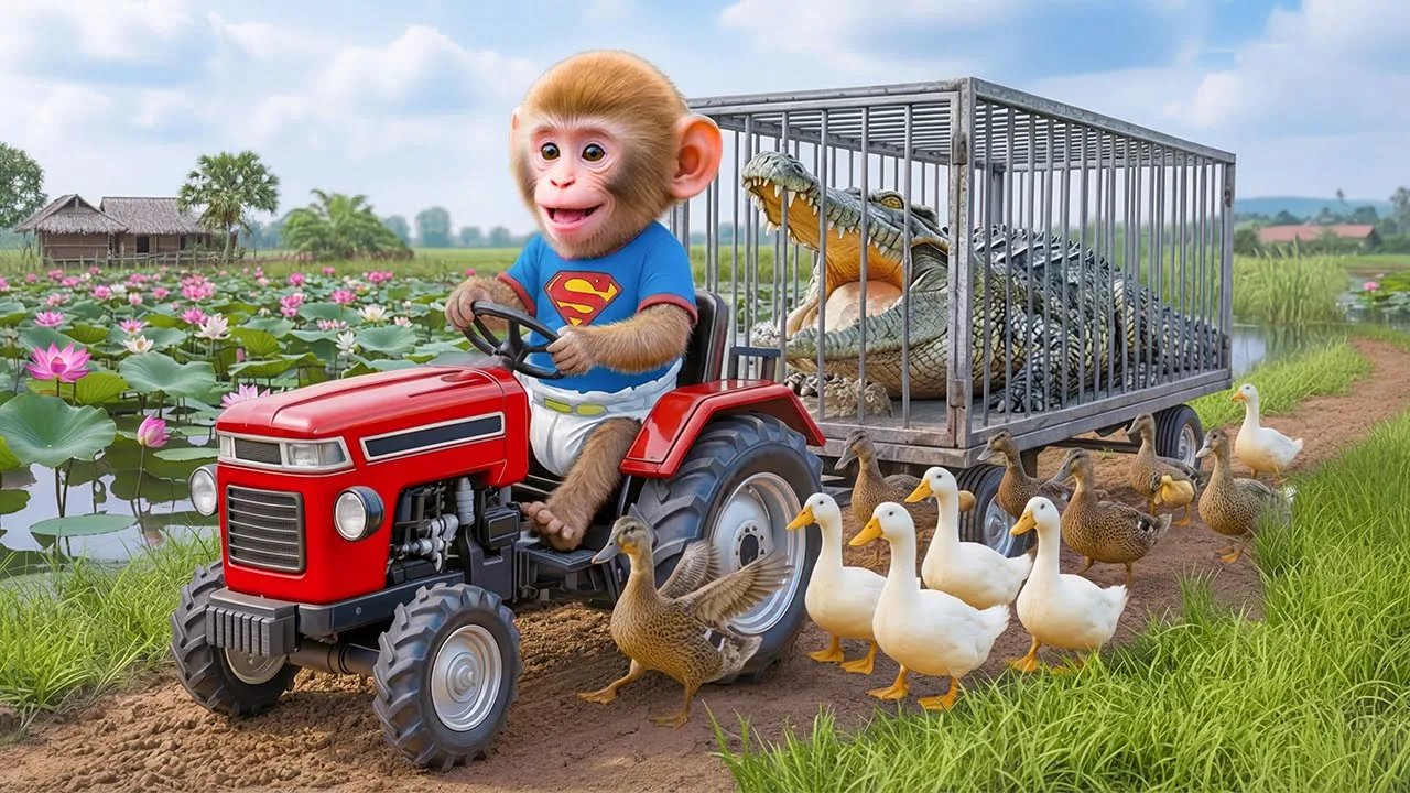 😱🚜 iZi Drives a Tractor to Rescue Ducklings from a Ferocious Crocodile – An Unexpected Ending!