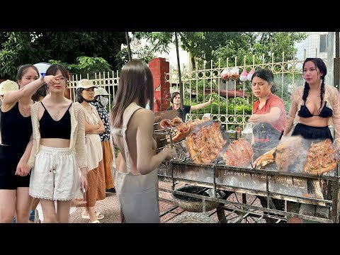 Two sisters sell the world's best grilled pork belly on the sidewalk. Customers line up to buy.