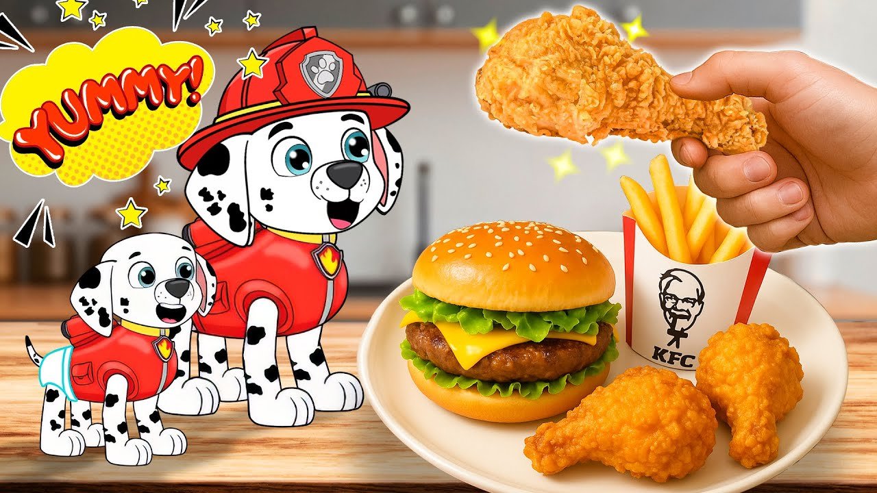 MARSHALL and his Baby Boy Eat Fast Food 🍔🍟 - Paw Patrol in Real Life | 2D Cartoon