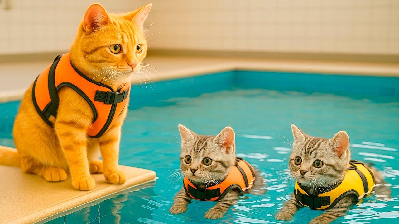 Mama Cat Saves Kittens at the River and Teaches Them to Swim 🐾🏊‍♂️🐟