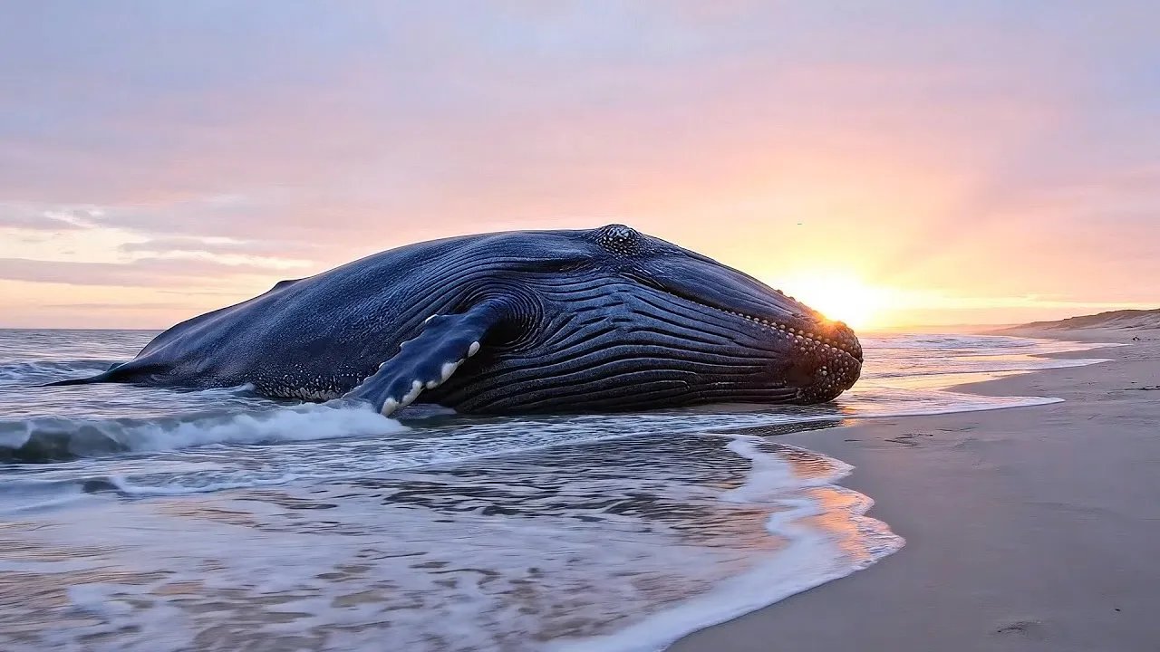 Giant Blue Whale Stranded and Covered in Thou...
