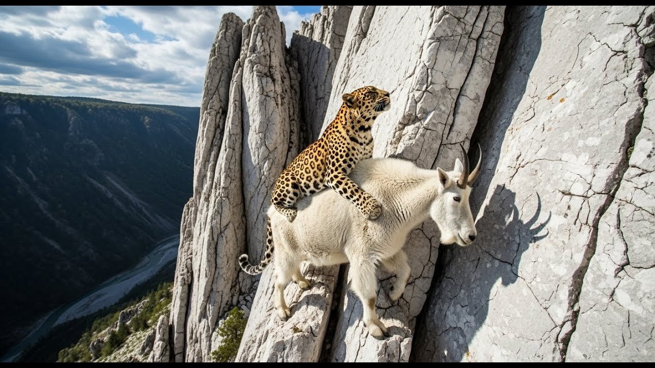 Epic Climb Leopard vs Goat on a Steep Rock Face 🐆🐐