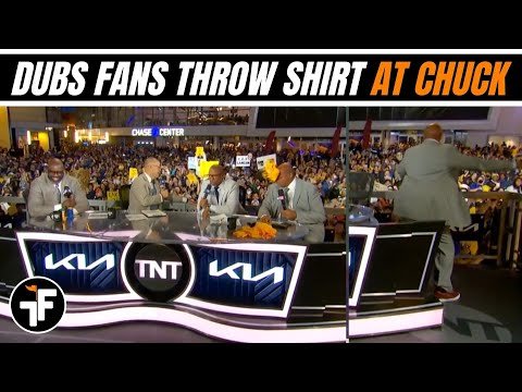 Warriors fans throw Water & T-Shirt at Charles Barkley | Chuck nearly throws mug
